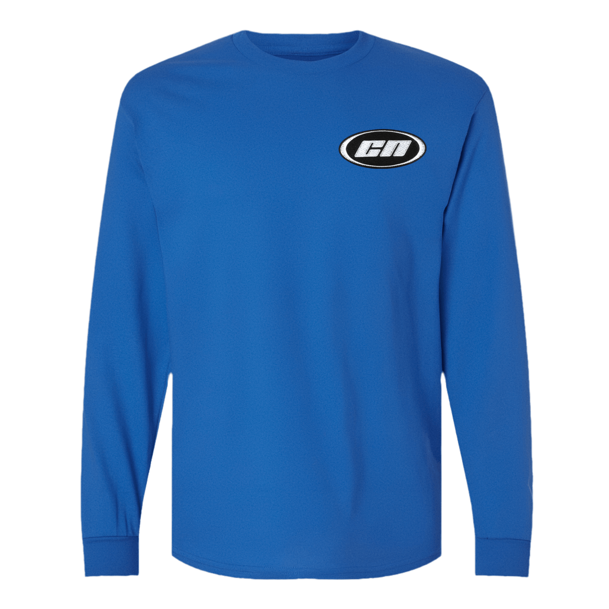 Long sleeve royal blue cotton t-shirt with embroidered Club Neo logo, featuring a semi-relaxed unisex fit.