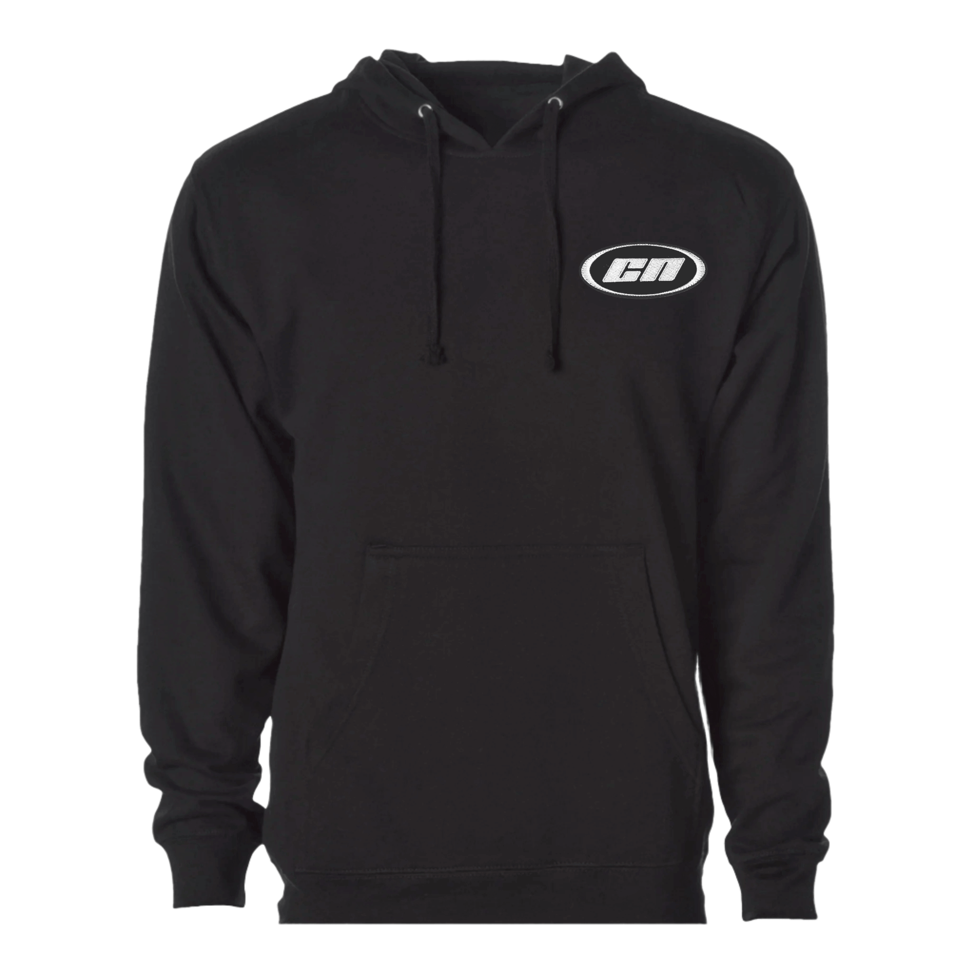 Black pullover hoodie made from soft fleece, featuring adjustable hood and kangaroo pouch, with embroidered logo.