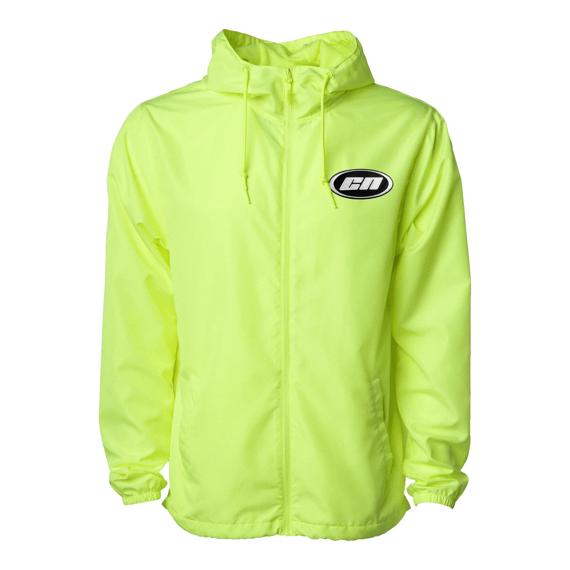 Lightweight neon lime windbreaker jacket with adjustable hood and Club Neo logo, perfect for outdoor activities.