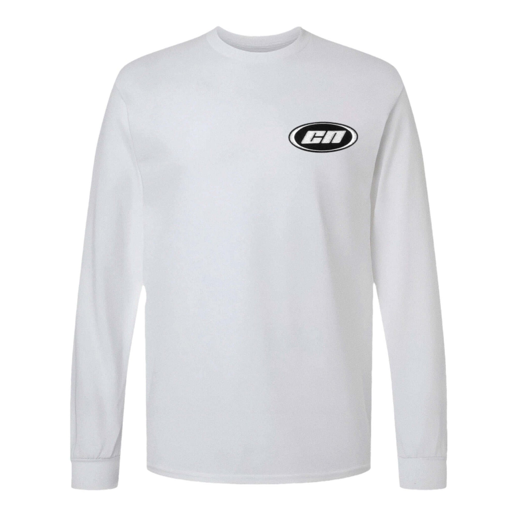 Long sleeve cotton t-shirt in white with embroidered Club Neo logo, semi-relaxed fit and cuffed sleeves.