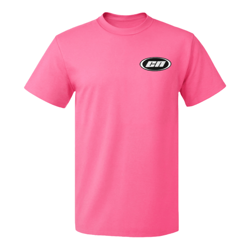 Crewneck cotton t-shirt in neon pink with embroidered Club Neo logo, classic fit for unisex streetwear style.