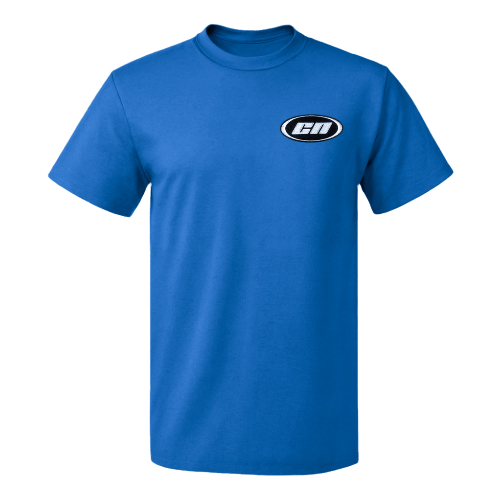 Royal blue crewneck cotton t-shirt with embroidered Club Neo logo, classic fit for unisex style.