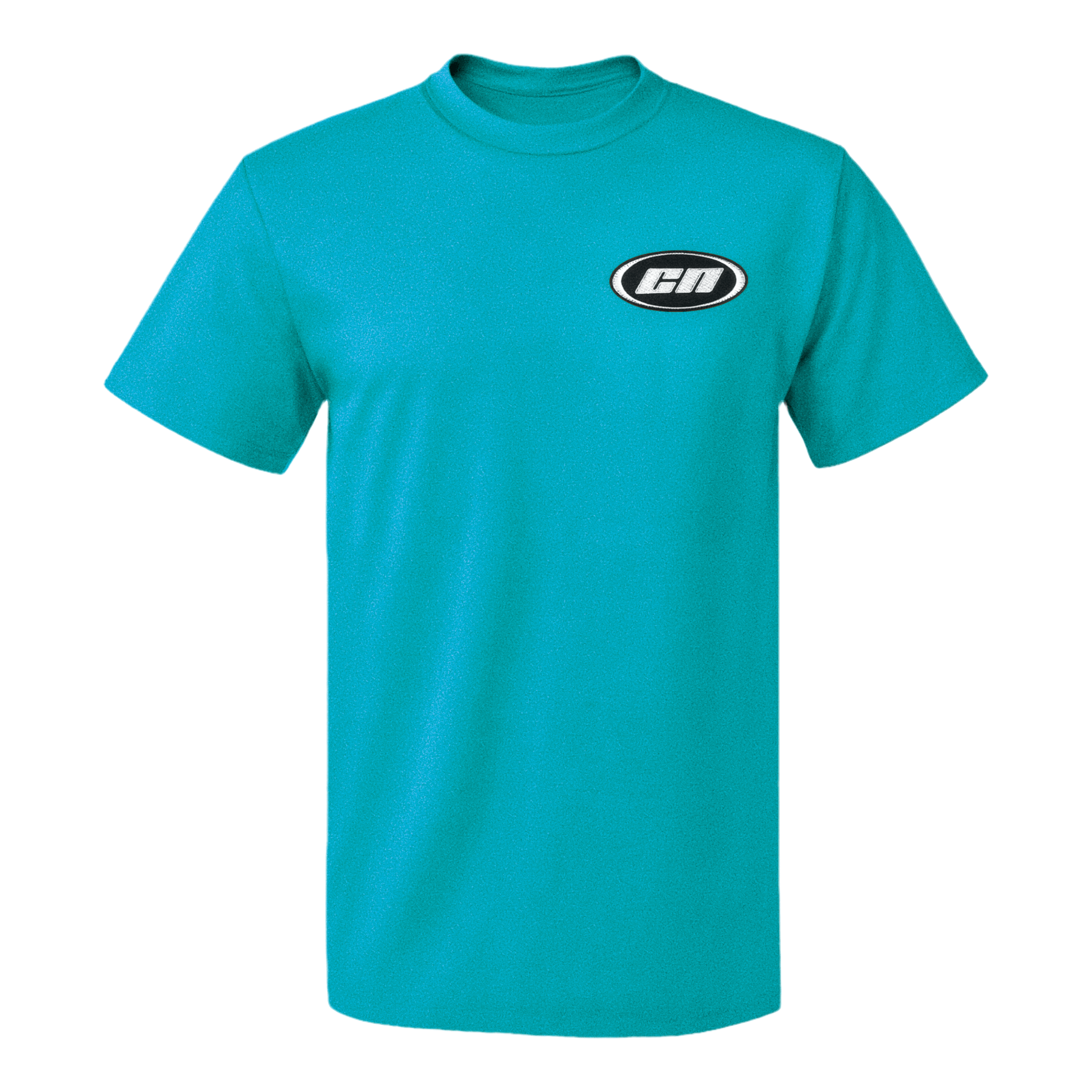 Crewneck cotton t-shirt in teal featuring embroidered Club Neo logo, unisex classic fit, and high-density fabric.