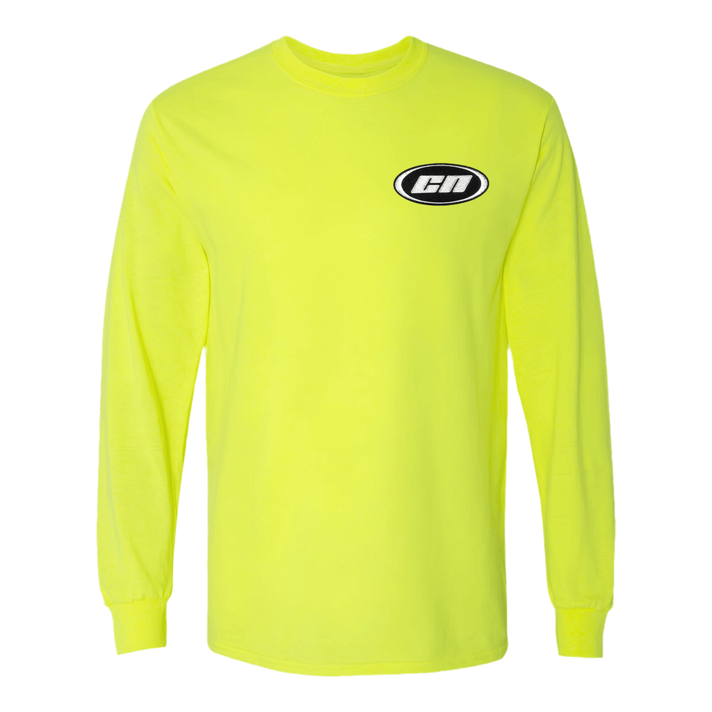 Long sleeve neon lime cotton t-shirt with embroidered Club Neo logo, featuring a semi-relaxed fit and cuffed sleeves.
