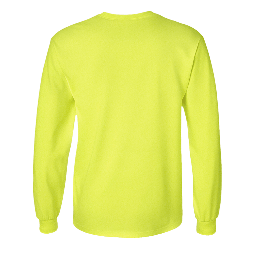 Back view of a long sleeve cotton t-shirt in neon lime, featuring cuffed sleeves and a breathable fit.
