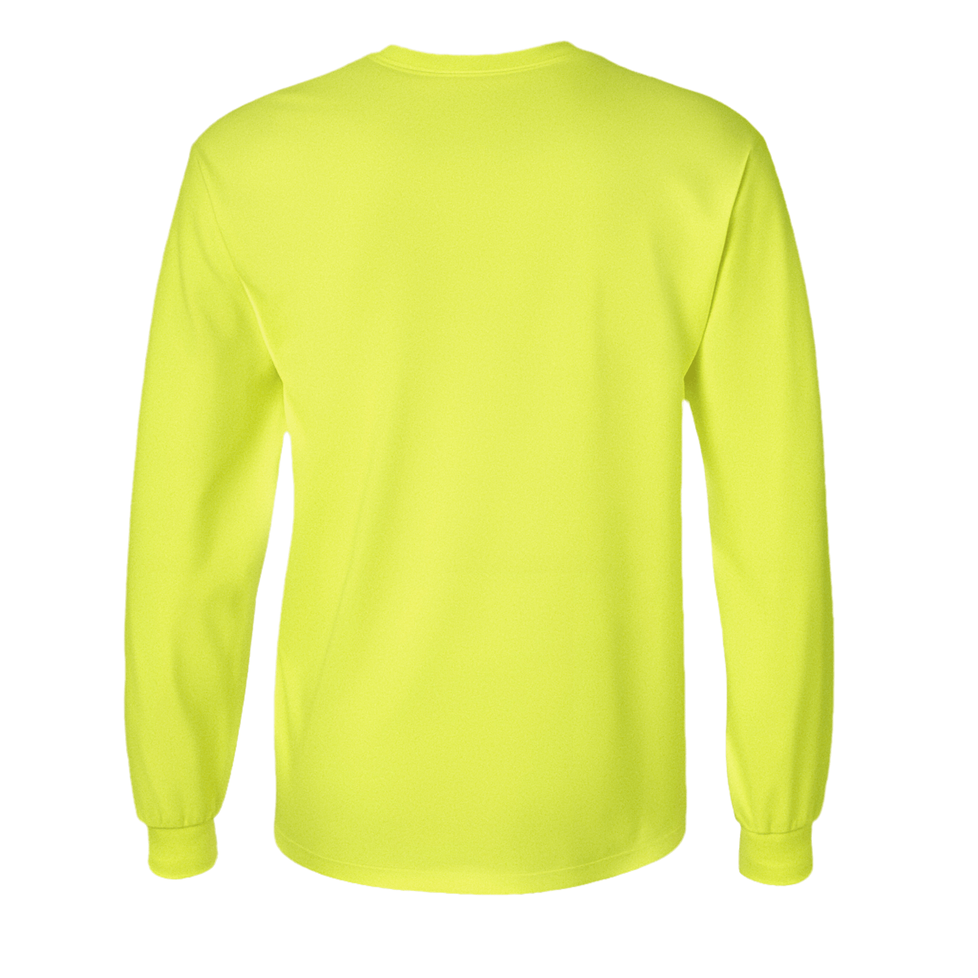 Back view of a long sleeve cotton t-shirt in neon lime, featuring cuffed sleeves and a breathable fit.
