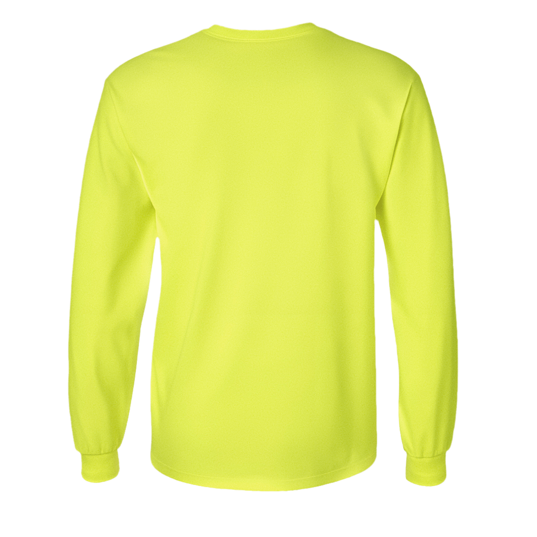 Back view of a long sleeve cotton t-shirt in neon lime, featuring cuffed sleeves and a breathable fit.