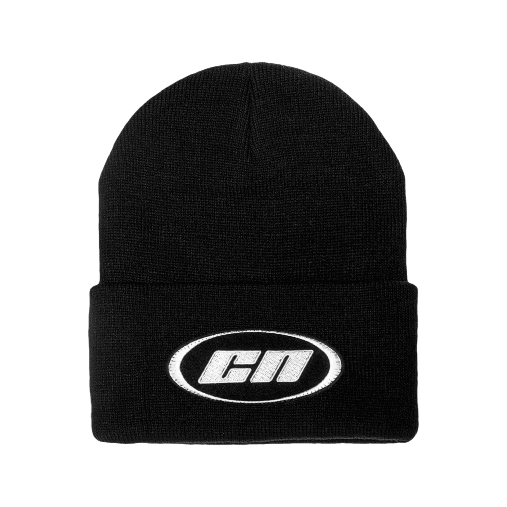 Cuffed black knit beanie with folded cuff and embroidered Club Neo logo patch, ideal for winter wear.