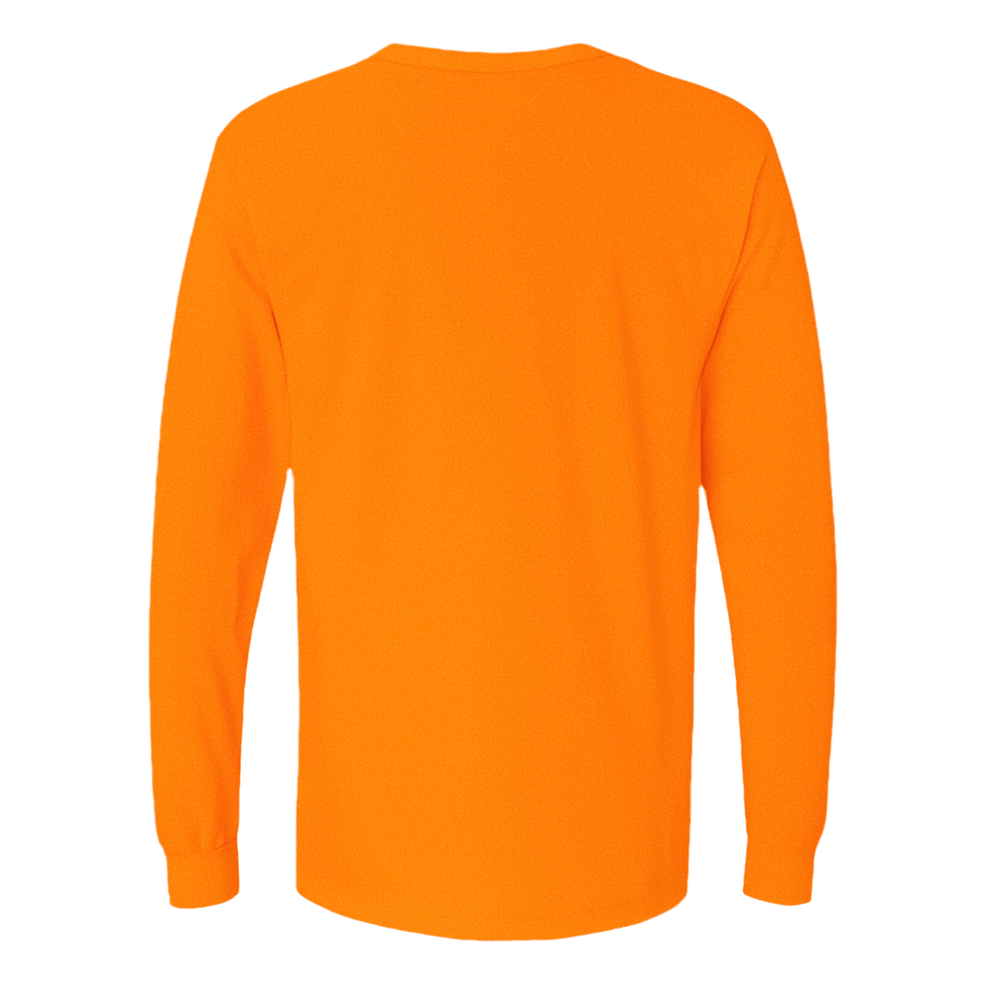 Back view of a neon orange long sleeve cotton t-shirt with cuffed sleeves and a semi-relaxed fit.
