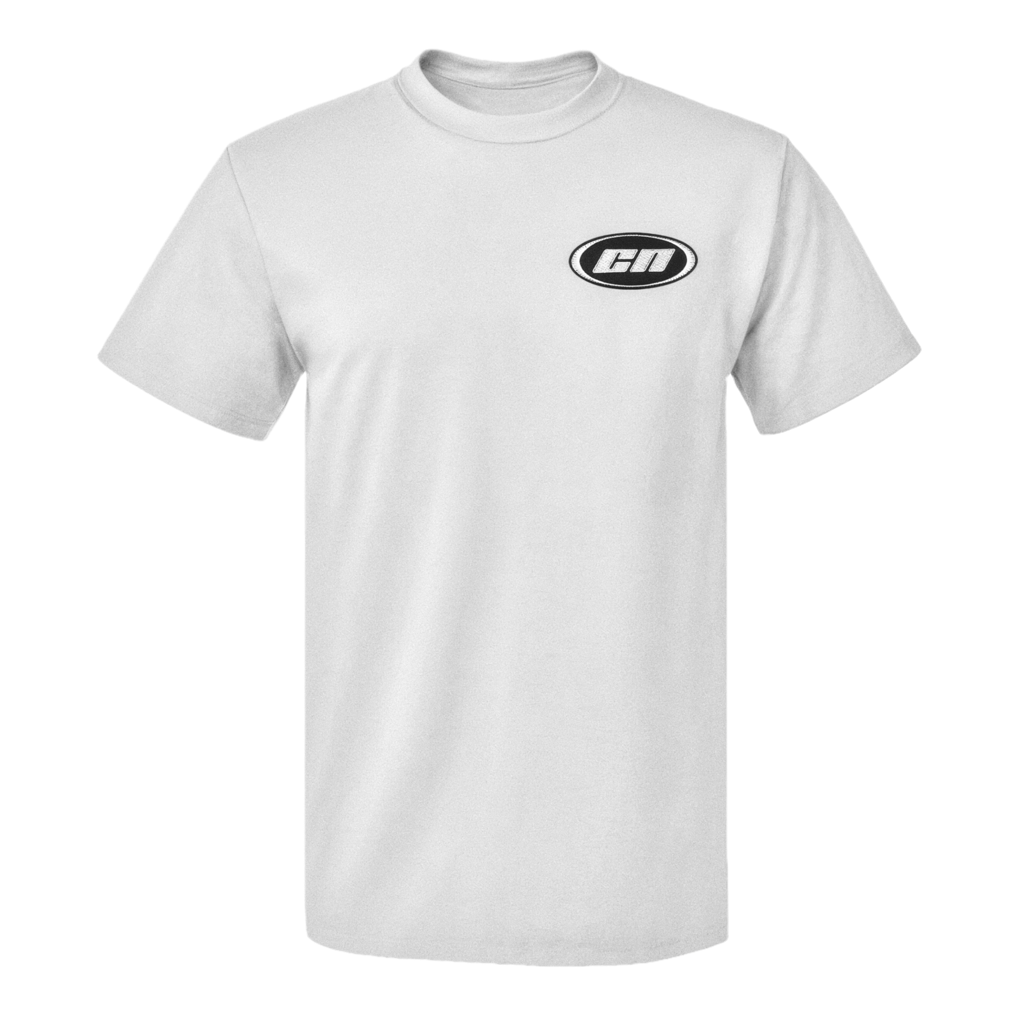 Crewneck cotton t-shirt in white featuring embroidered Club Neo logo patch, classic fit for unisex.