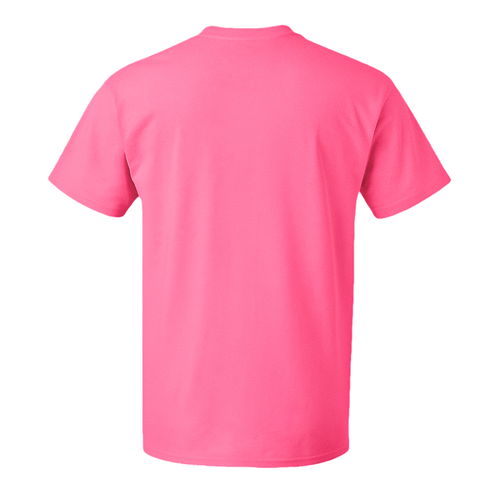 Back view of a neon pink crewneck cotton t-shirt, unisex classic fit, made from high-density cotton and polyester.