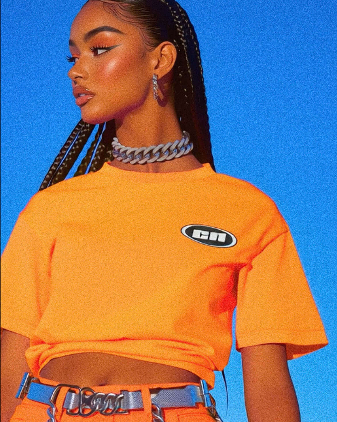 Model wearing a neon orange crewneck cotton t-shirt with Club Neo logo, styled with vibrant streetwear accessories.