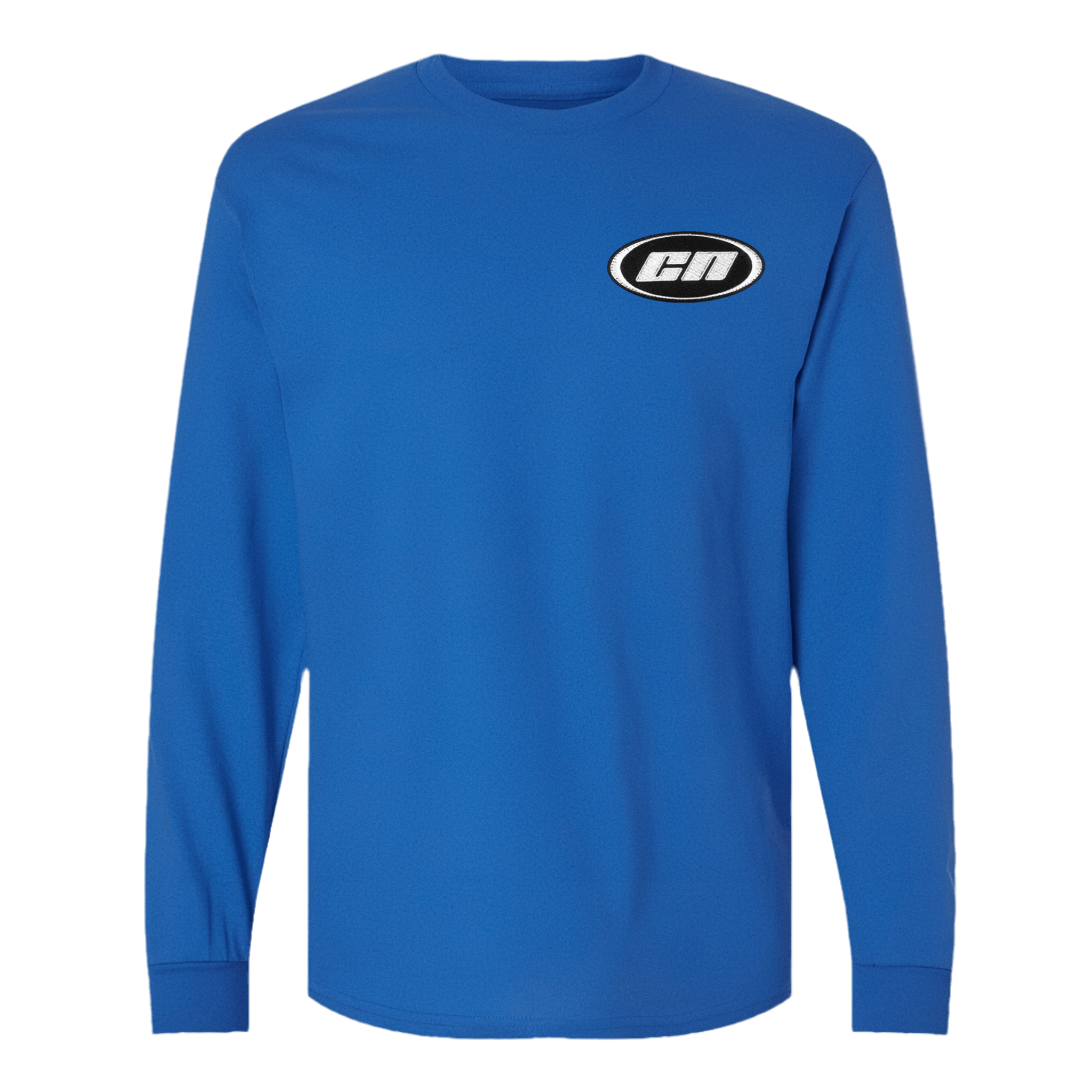 Long sleeve royal blue cotton t-shirt with embroidered Club Neo logo, featuring a semi-relaxed unisex fit.