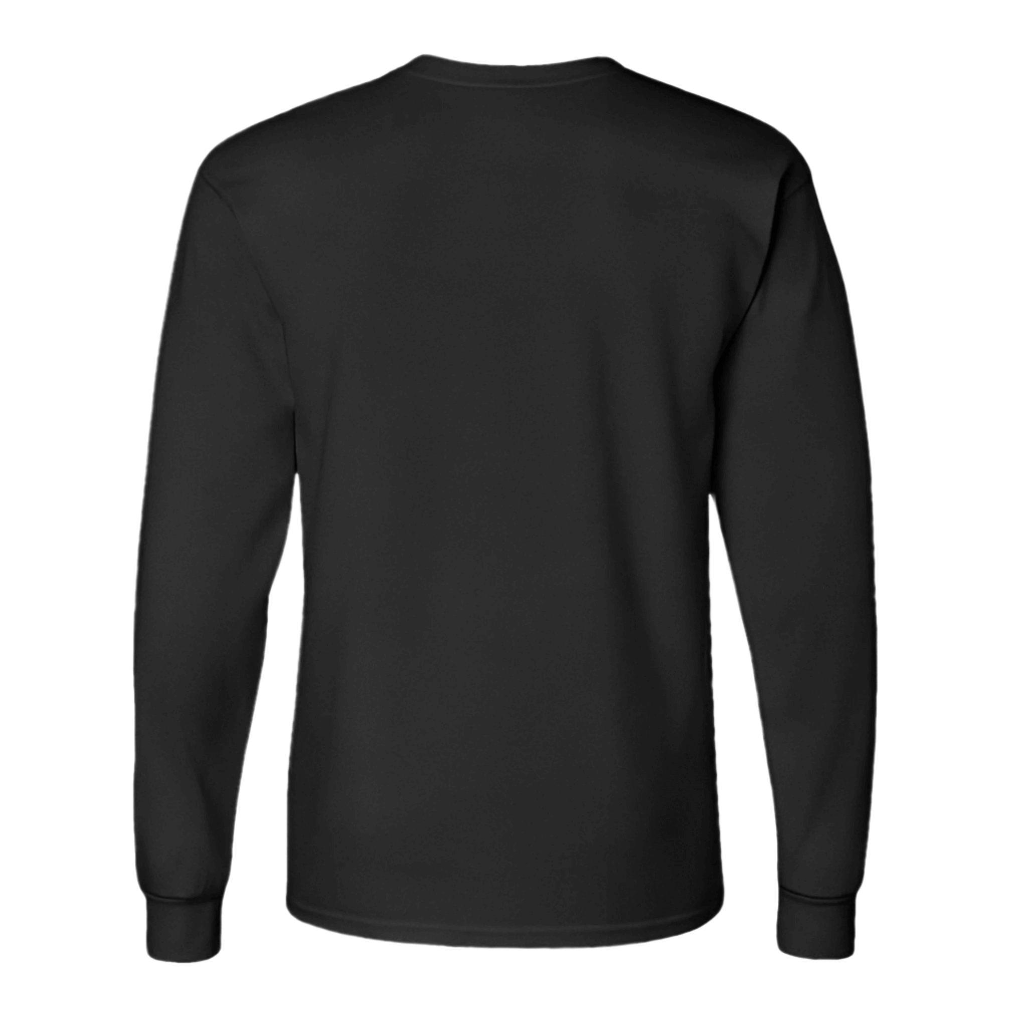 Back view of a black long sleeve cotton t-shirt with cuffed sleeves and semi-relaxed fit, perfect for layering.