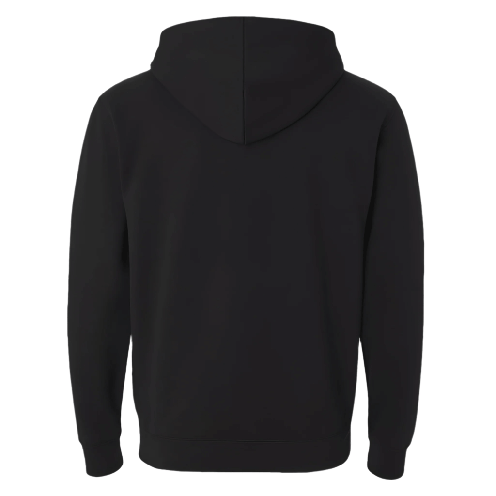 Back view of a black pullover hoodie made from soft lightweight fleece with a lined hood.
