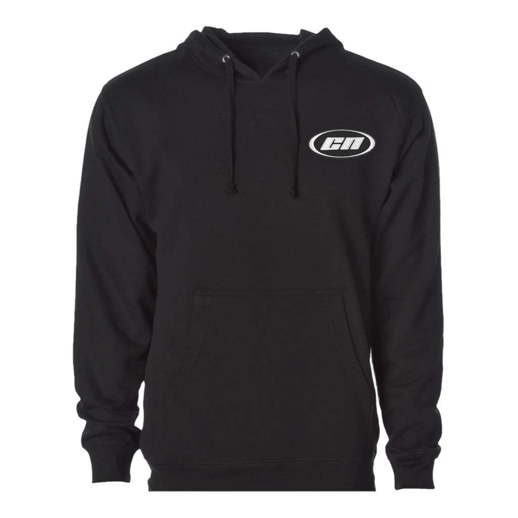 Black pullover hoodie made from soft fleece, featuring adjustable hood and kangaroo pouch, with embroidered logo.