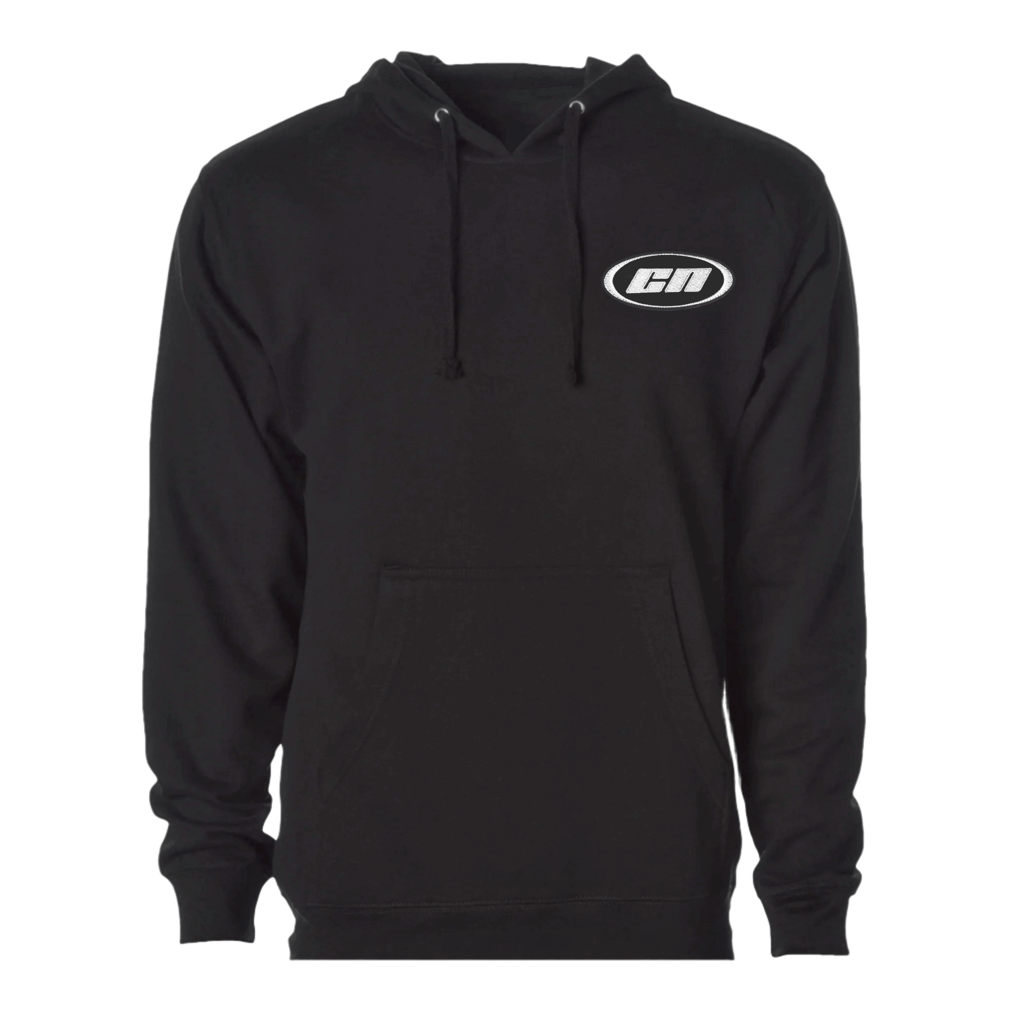 Black pullover hoodie made from soft fleece, featuring adjustable hood and kangaroo pouch, with embroidered logo.