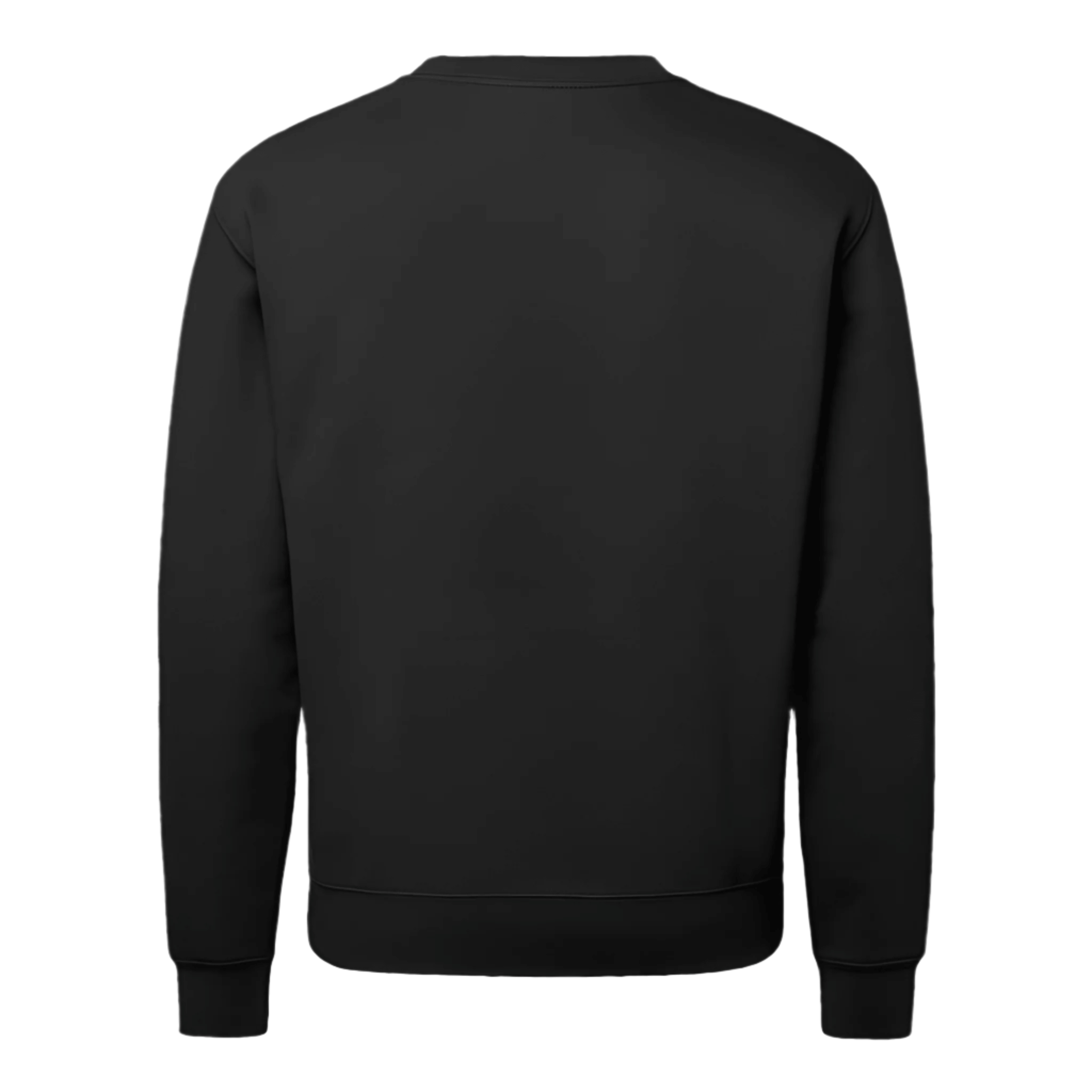 Back view of a lightweight black crewneck sweater made from cotton-polyester fleece with cuffed sleeves.