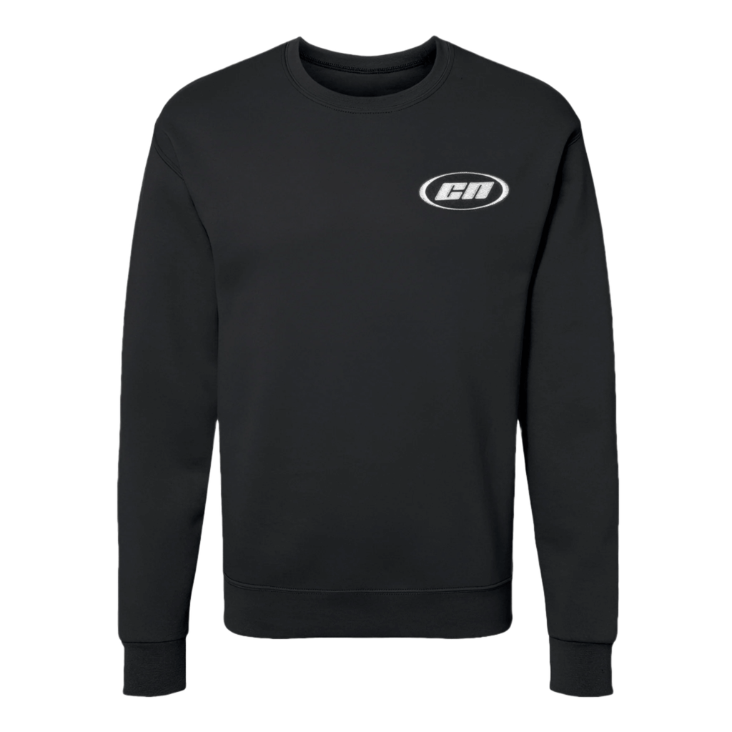 Black crewneck sweater made of lightweight fleece, featuring embroidered Club Neo logo and a semi-relaxed unisex fit.