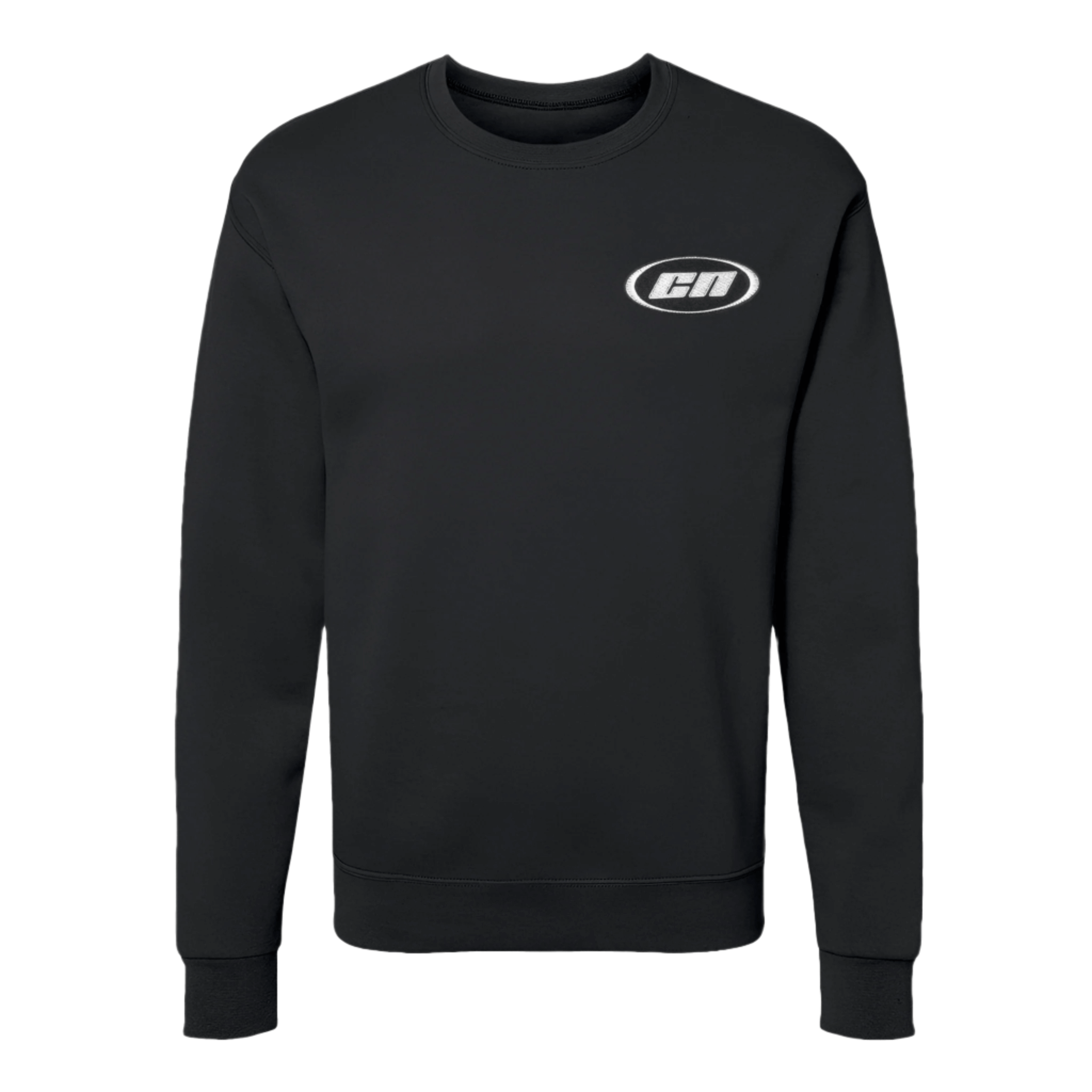Black crewneck sweater made of lightweight fleece, featuring embroidered Club Neo logo and a semi-relaxed unisex fit.