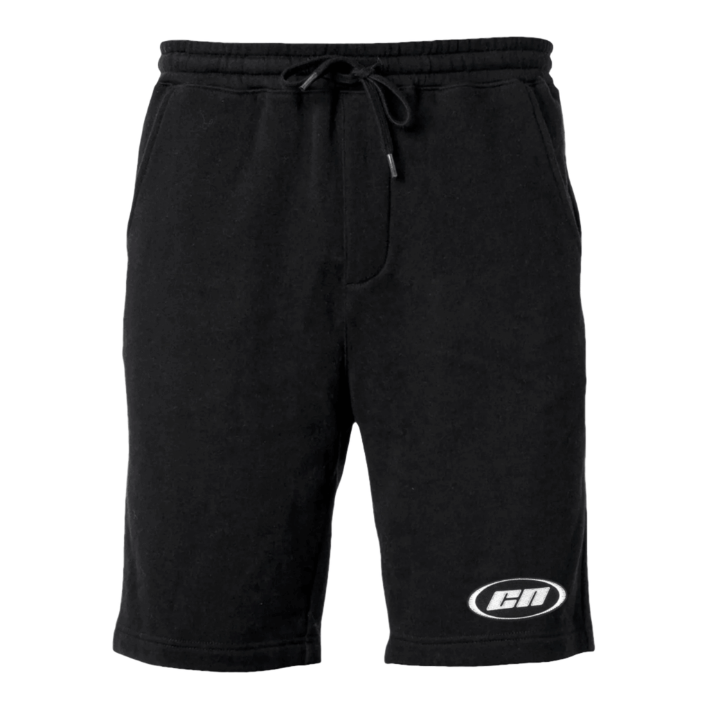 Fleece shorts in black, featuring a high-rise elastic waist and Club Neo logo, ideal for relaxed and versatile wear.