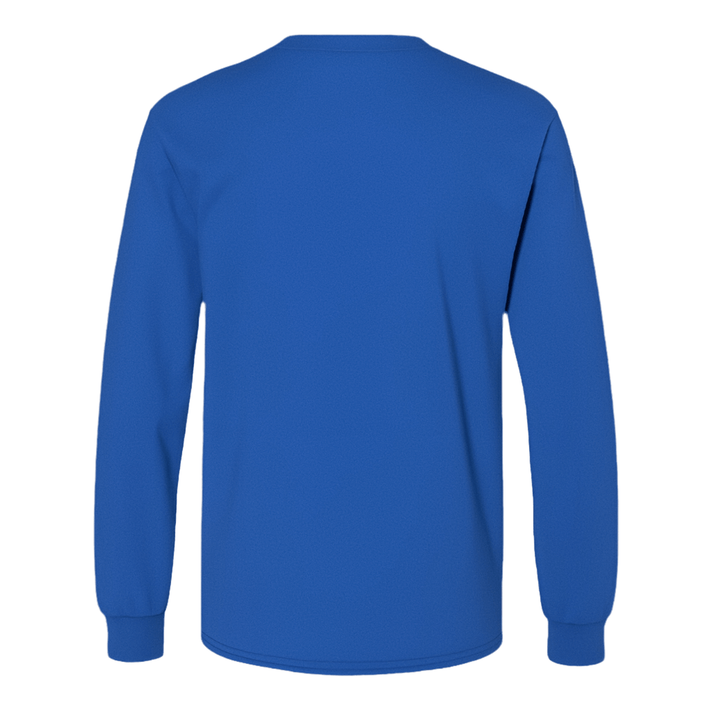 Back view of a royal blue long sleeve cotton t-shirt with cuffed sleeves and a semi-relaxed fit.