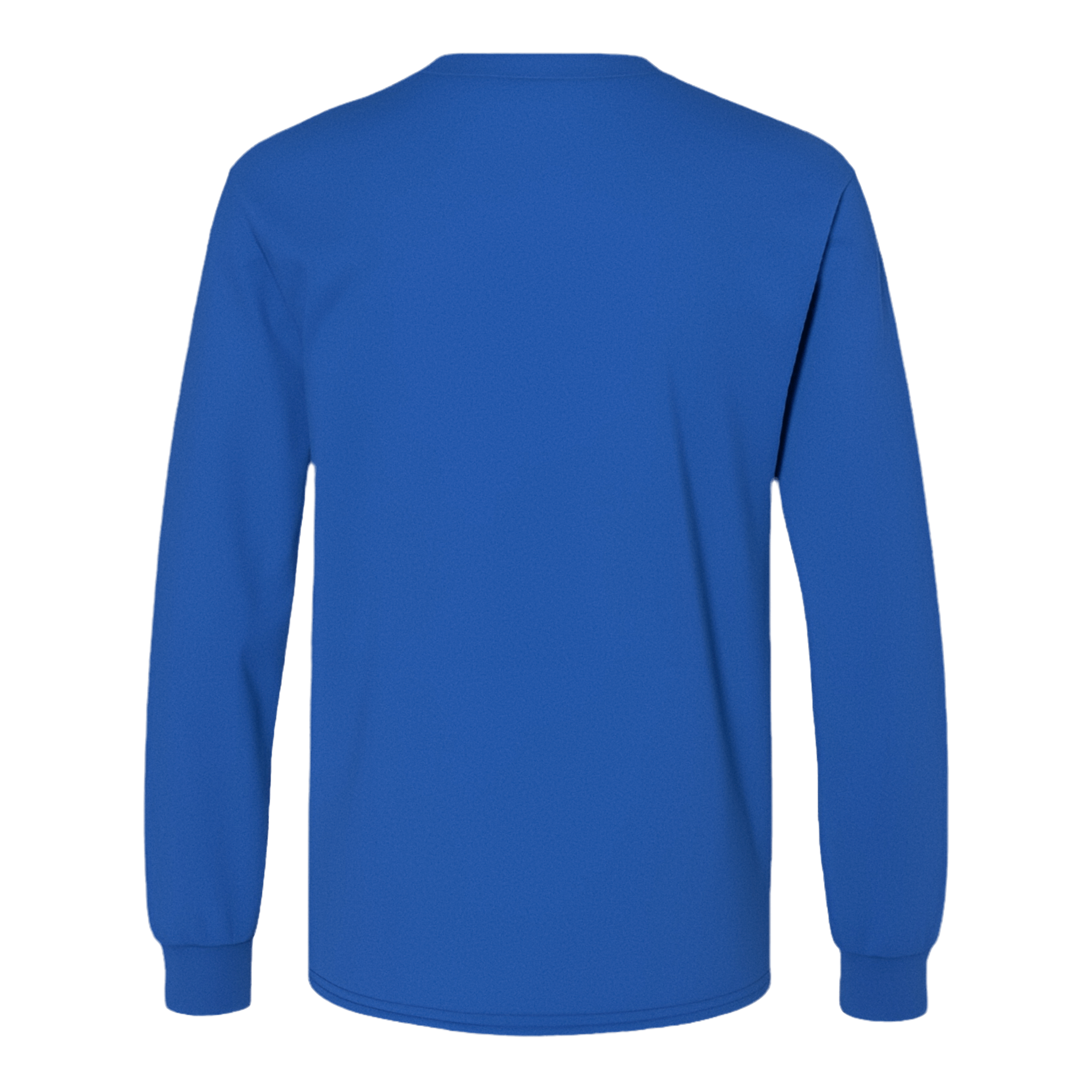 Back view of a royal blue long sleeve cotton t-shirt with cuffed sleeves and a semi-relaxed fit.