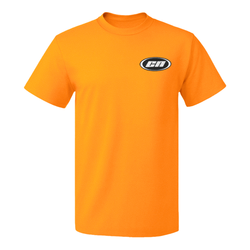 Neon orange crewneck cotton t-shirt with embroidered Club Neo logo, classic fit, perfect for streetwear.