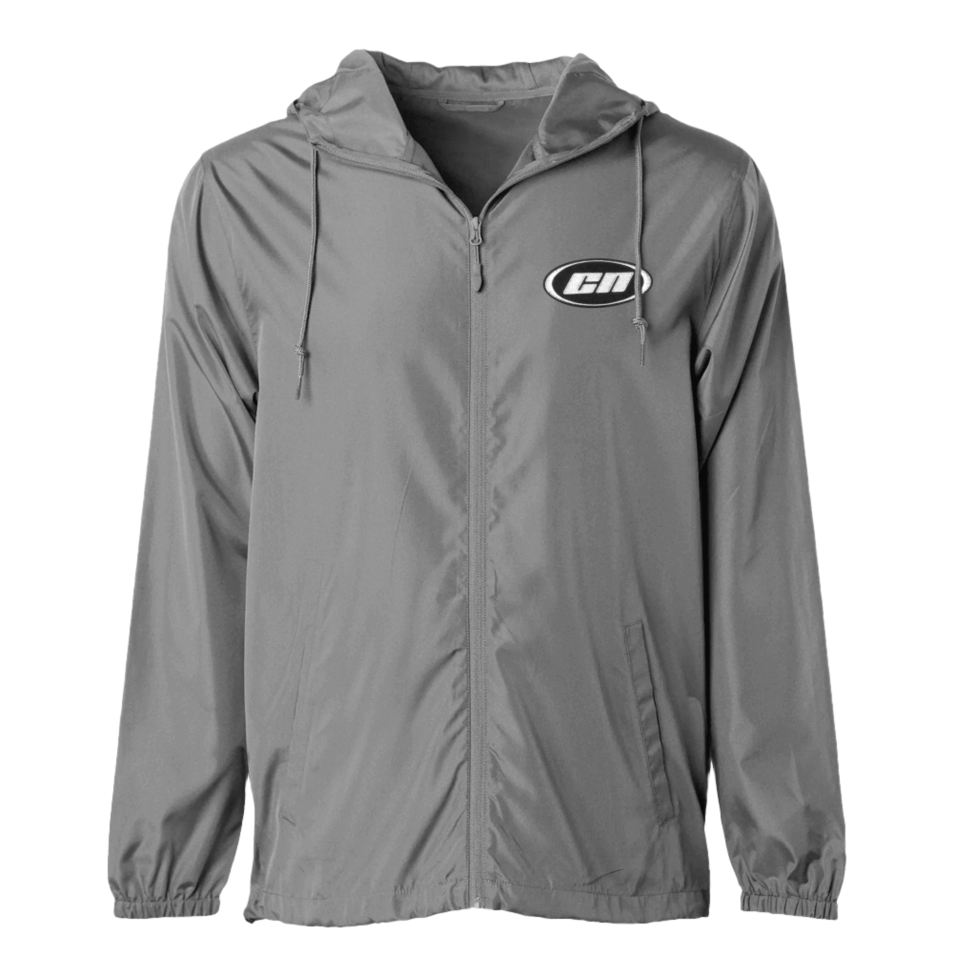 Lightweight grey windbreaker jacket with hood, zipper front, and embroidered logo, perfect for breathable outdoor wear.