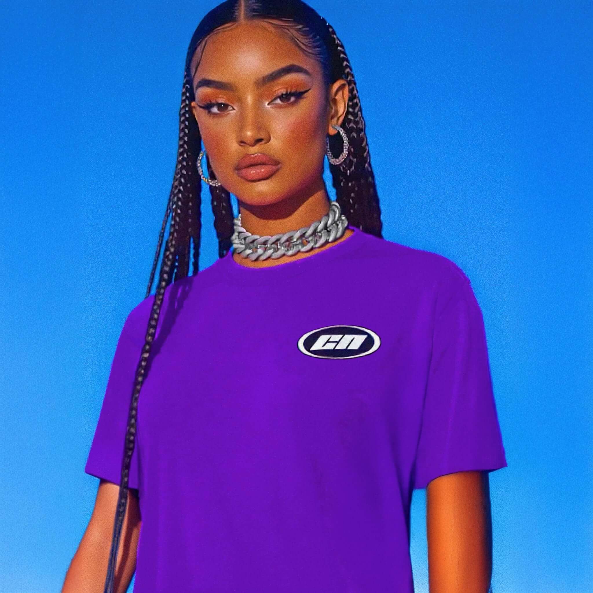 Woman wearing a purple t-shirt with a logo against a blue background