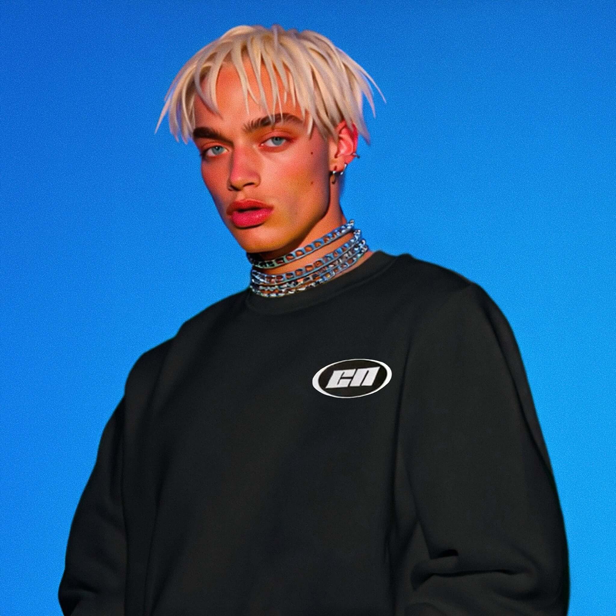 Person wearing a black sweatshirt with a logo on a blue background
