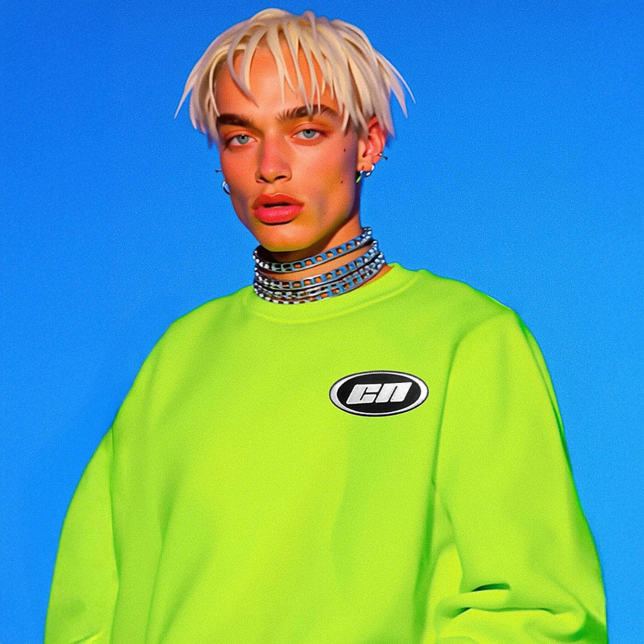 Person wearing a bright green sweatshirt with a logo against a blue background