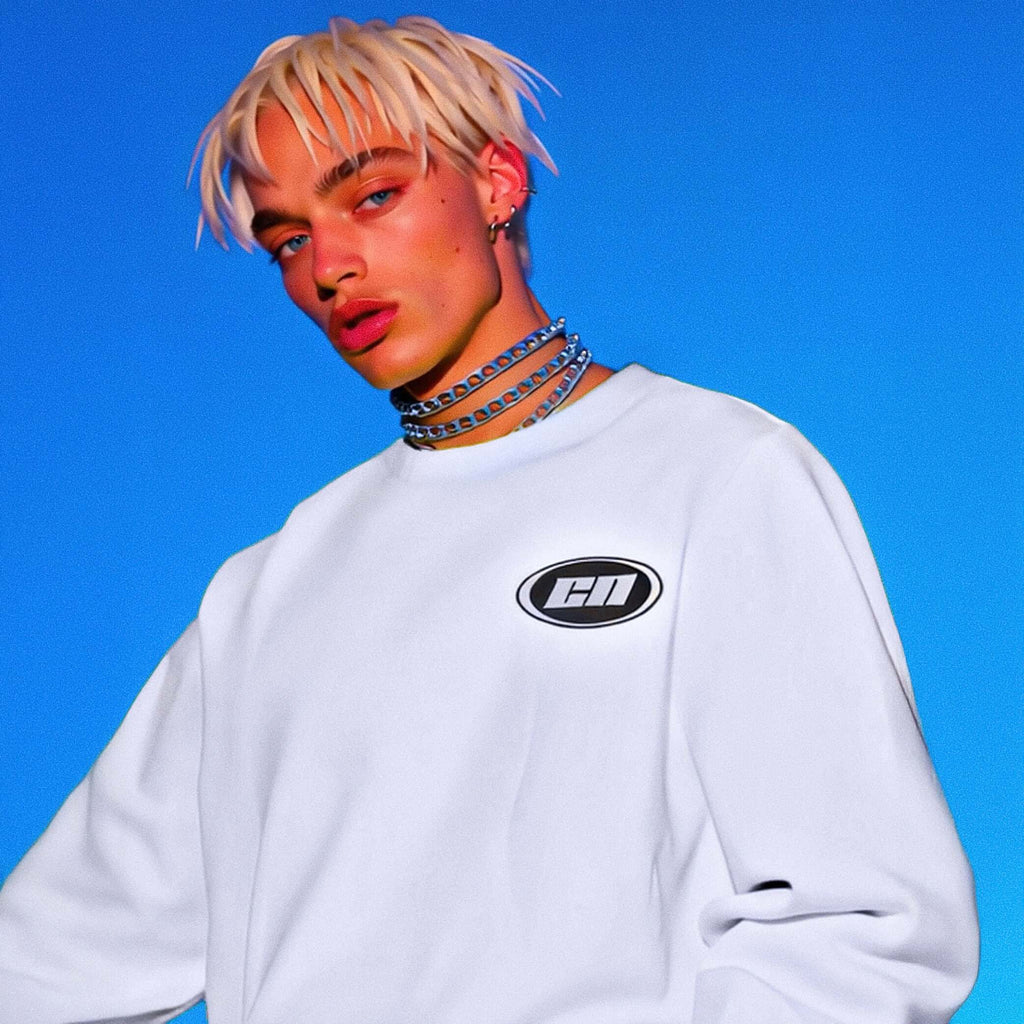 Person wearing a white sweatshirt with a logo on a blue background