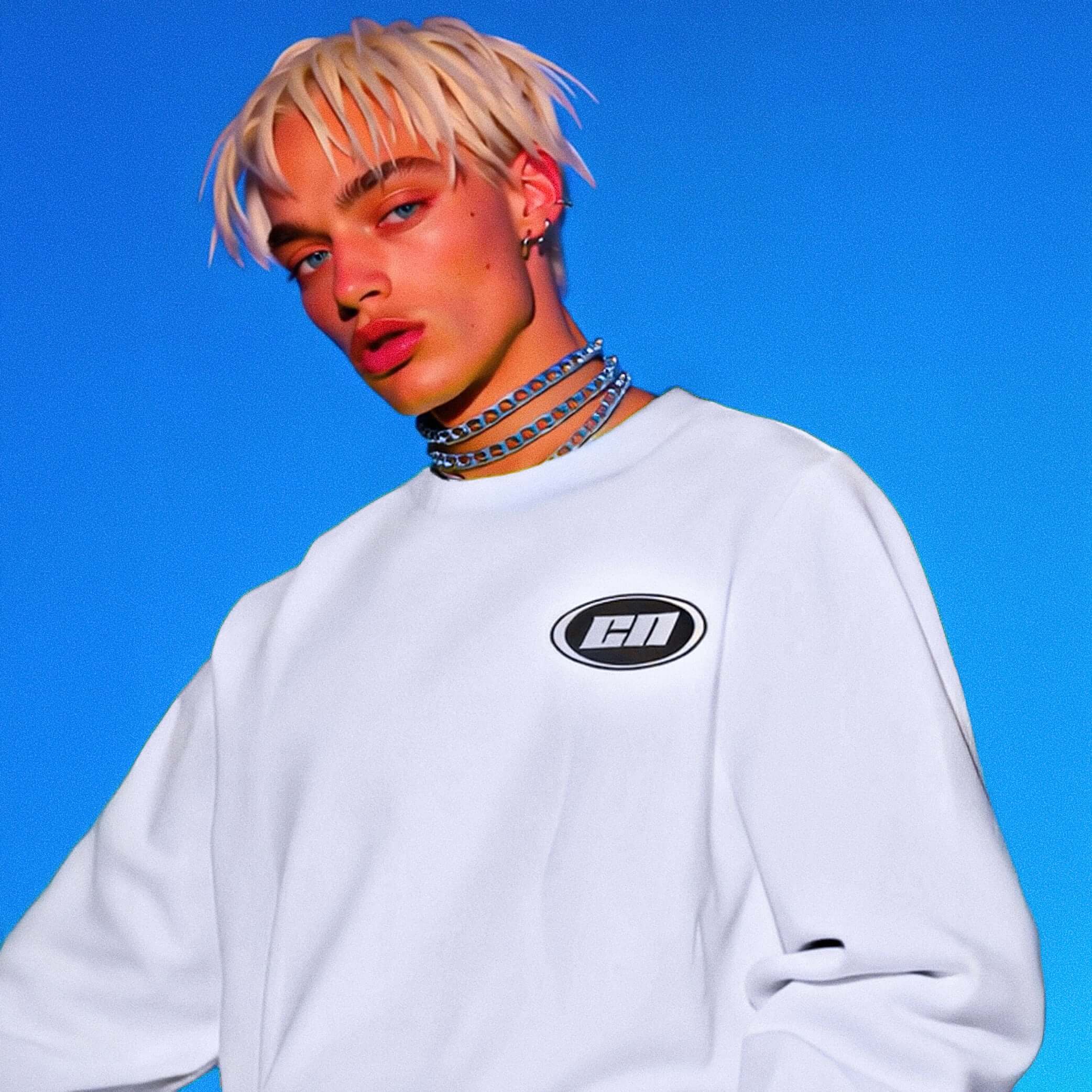 Person wearing a white sweatshirt with a logo on a blue background