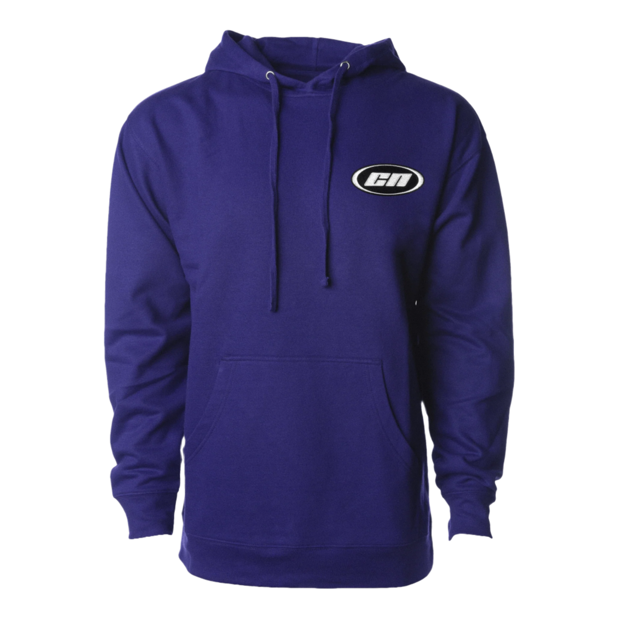 Pullover hoodie in deep violet with adjustable drawstrings and embroidered logo, made from soft lightweight fleece.