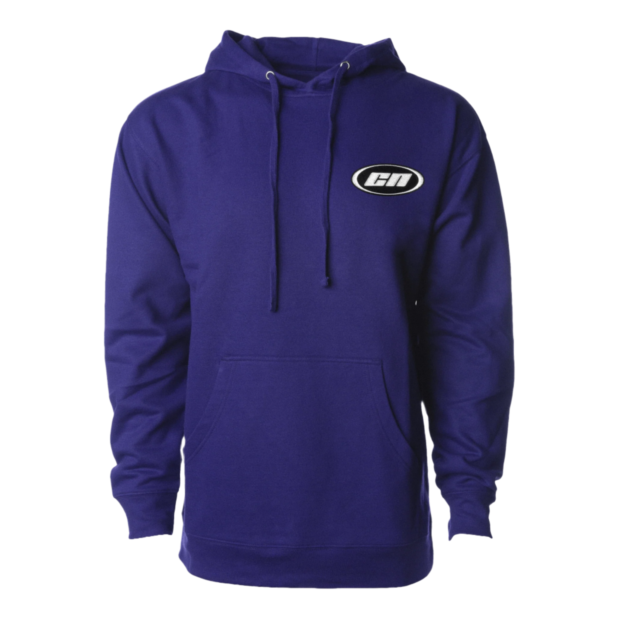 Pullover hoodie in deep violet with adjustable drawstrings and embroidered logo, made from soft lightweight fleece.