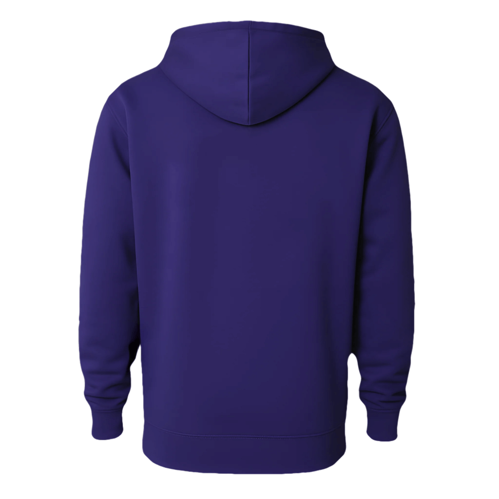 Back view of a soft, lightweight fleece pullover hoodie in deep violet color.
