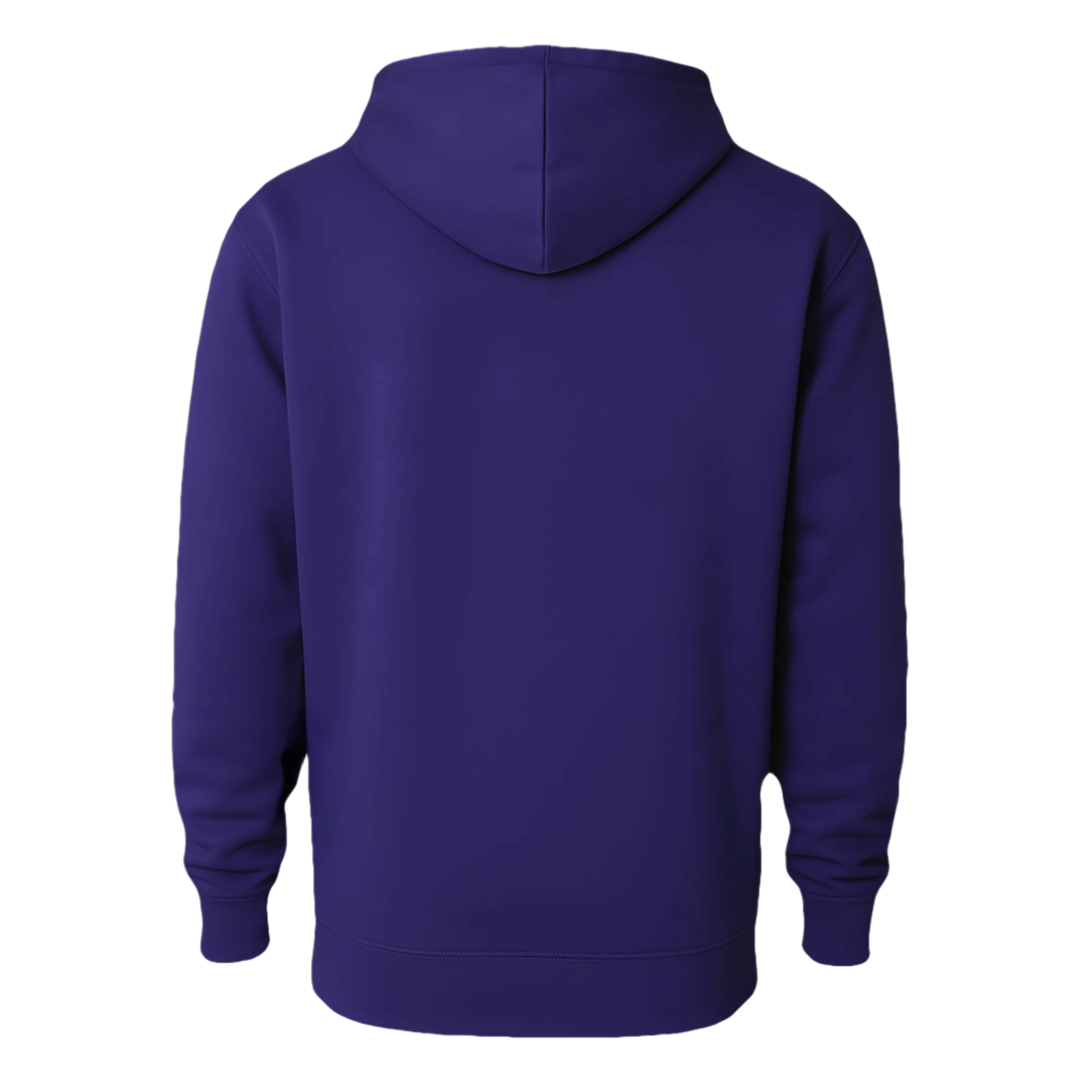 Back view of a soft, lightweight fleece pullover hoodie in deep violet color.