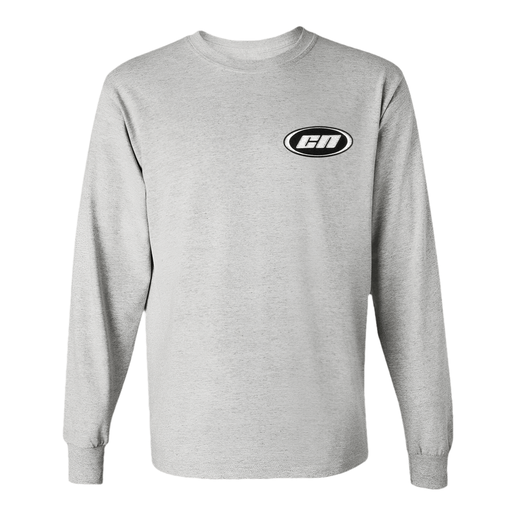 Long sleeve cotton t-shirt in marl grey with embroidered logo, featuring a semi-relaxed fit for comfort.