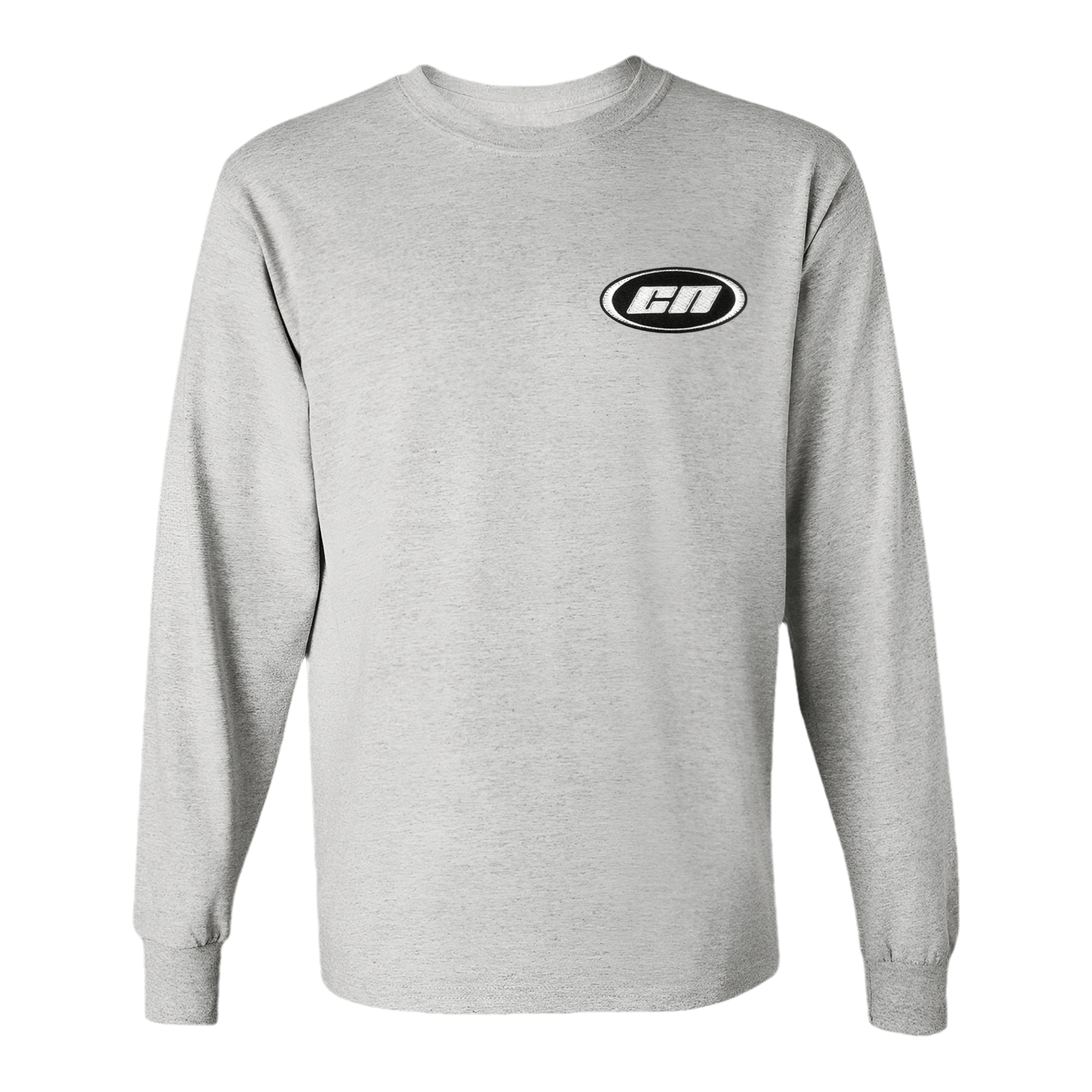 Long sleeve cotton t-shirt in marl grey with embroidered logo, featuring a semi-relaxed fit for comfort.