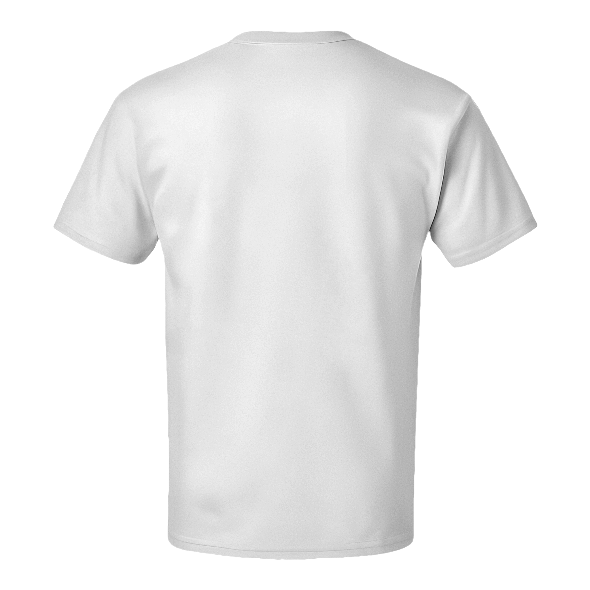 Back view of a classic fit white crewneck cotton t-shirt, made from 100% preshrunk high-density cotton.