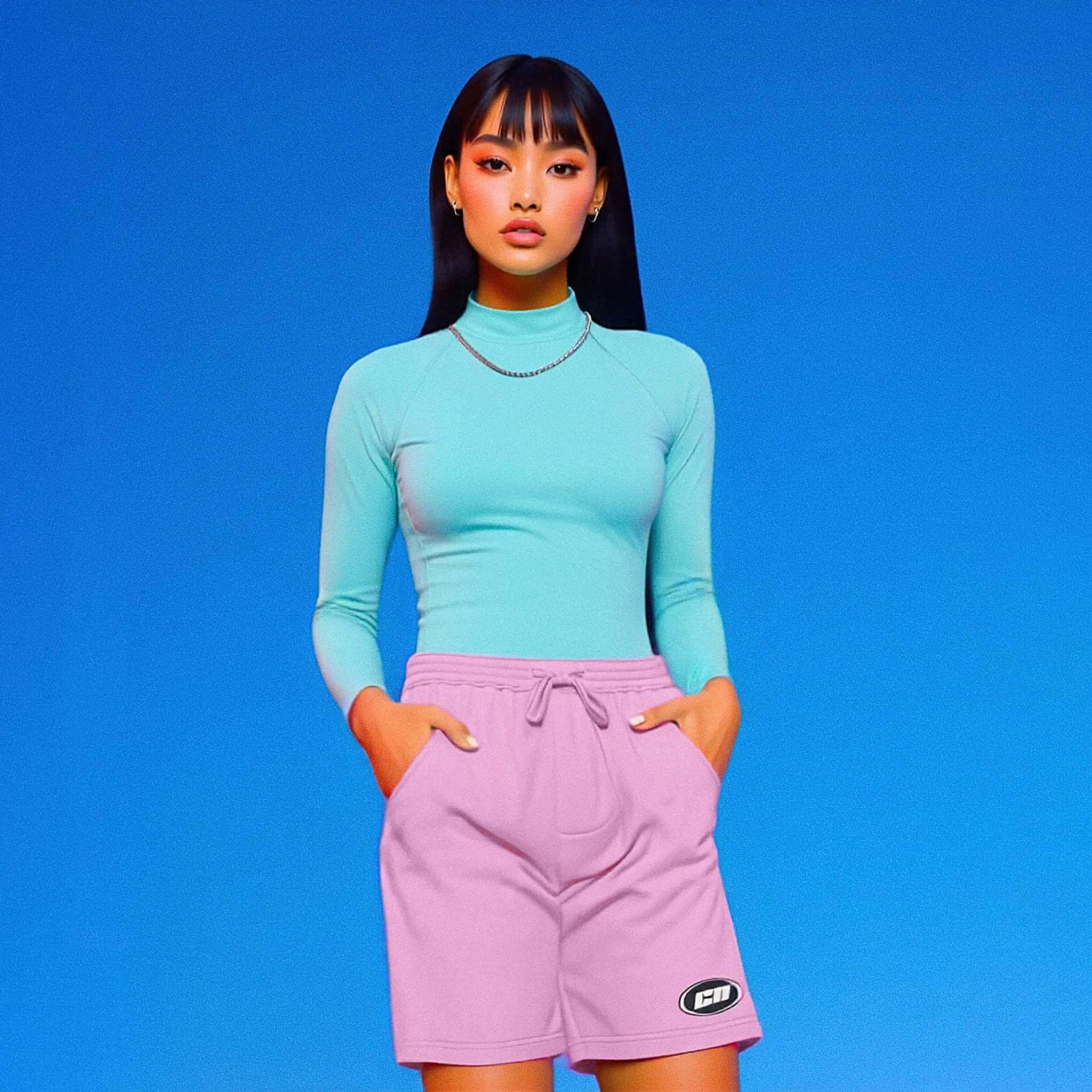Person wearing a light blue top and pink shorts against a blue background