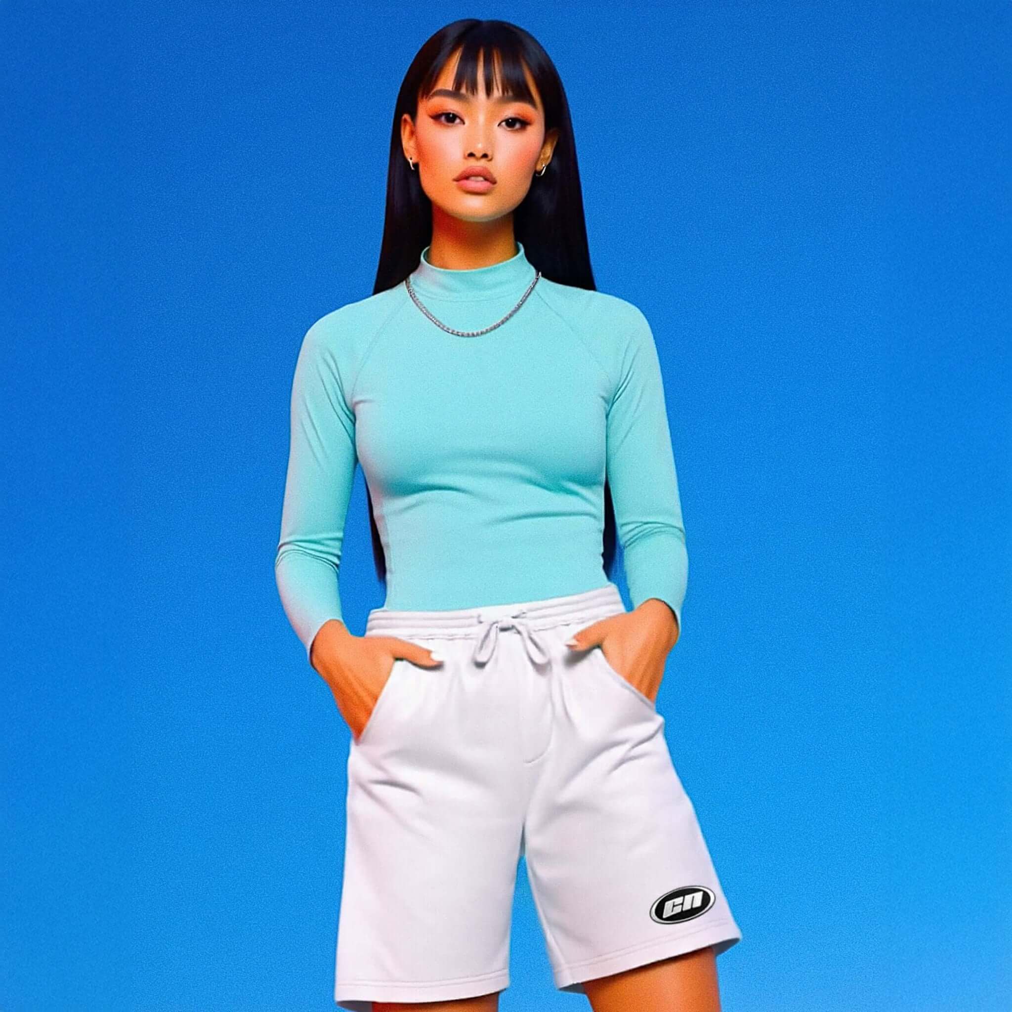 Person wearing a light blue long-sleeve top and white shorts against a blue background