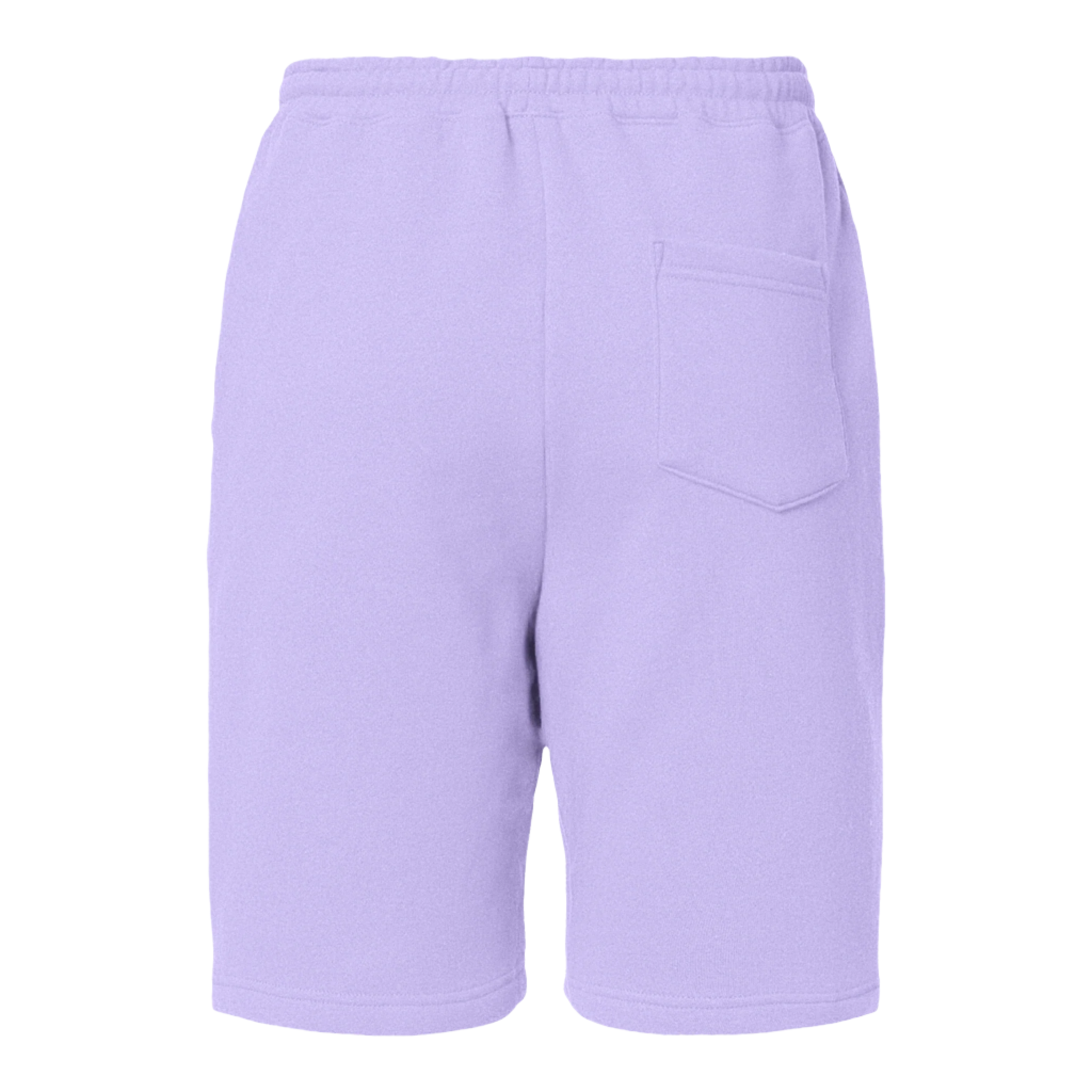 Back view of lavender fleece shorts with elastic waistband and side pockets, featuring a relaxed fit and soft fabric.