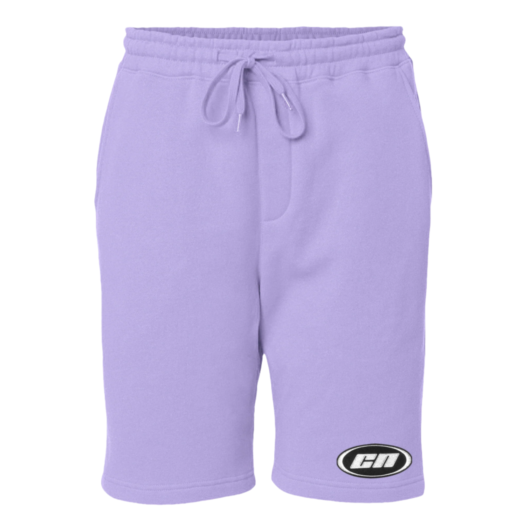 Fleece shorts in lavender color with adjustable drawstrings and embroidered logo, ideal for relaxed and versatile wear.