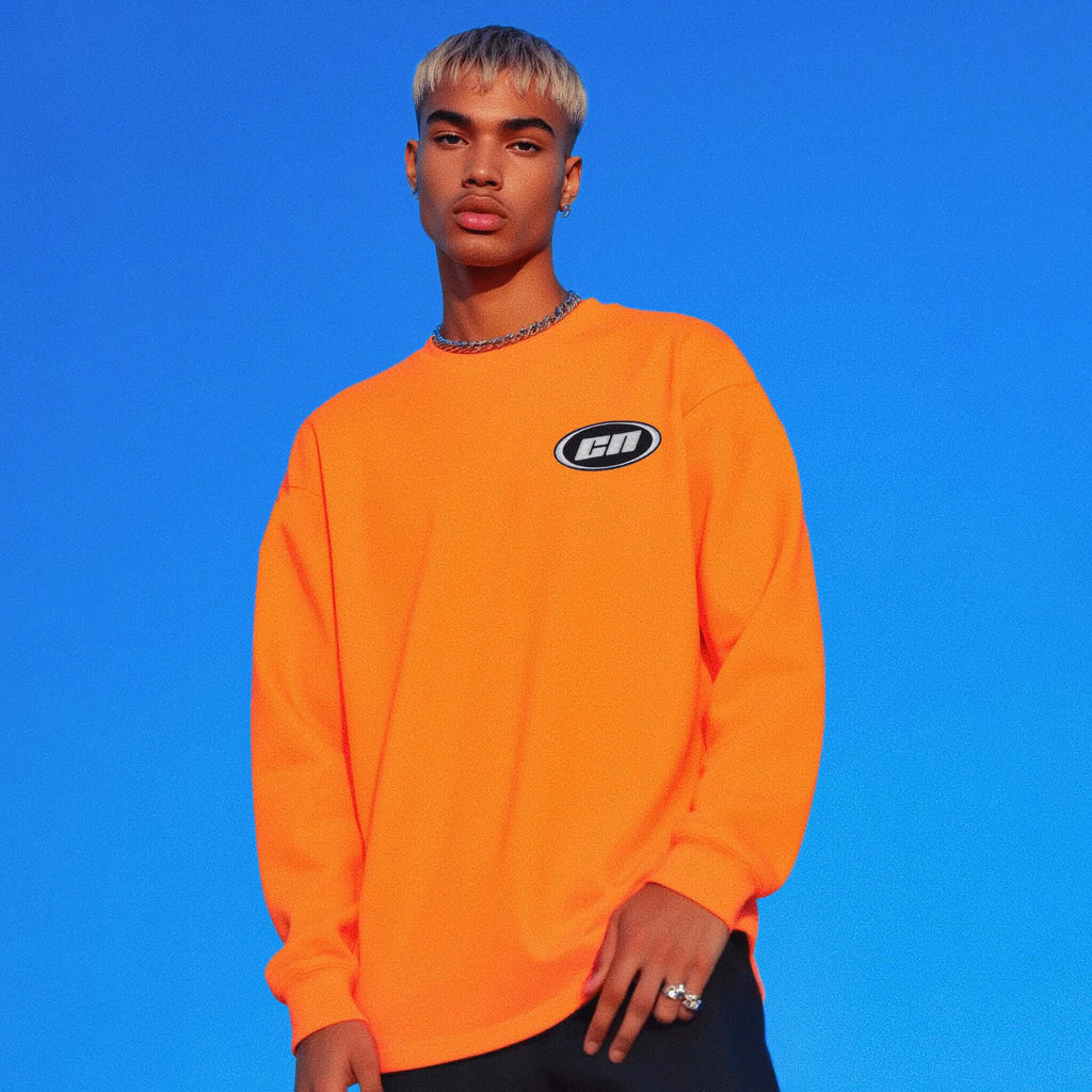 Long Sleeve Cotton T-Shirt – Semi-Relaxed Fit, Neon Orange