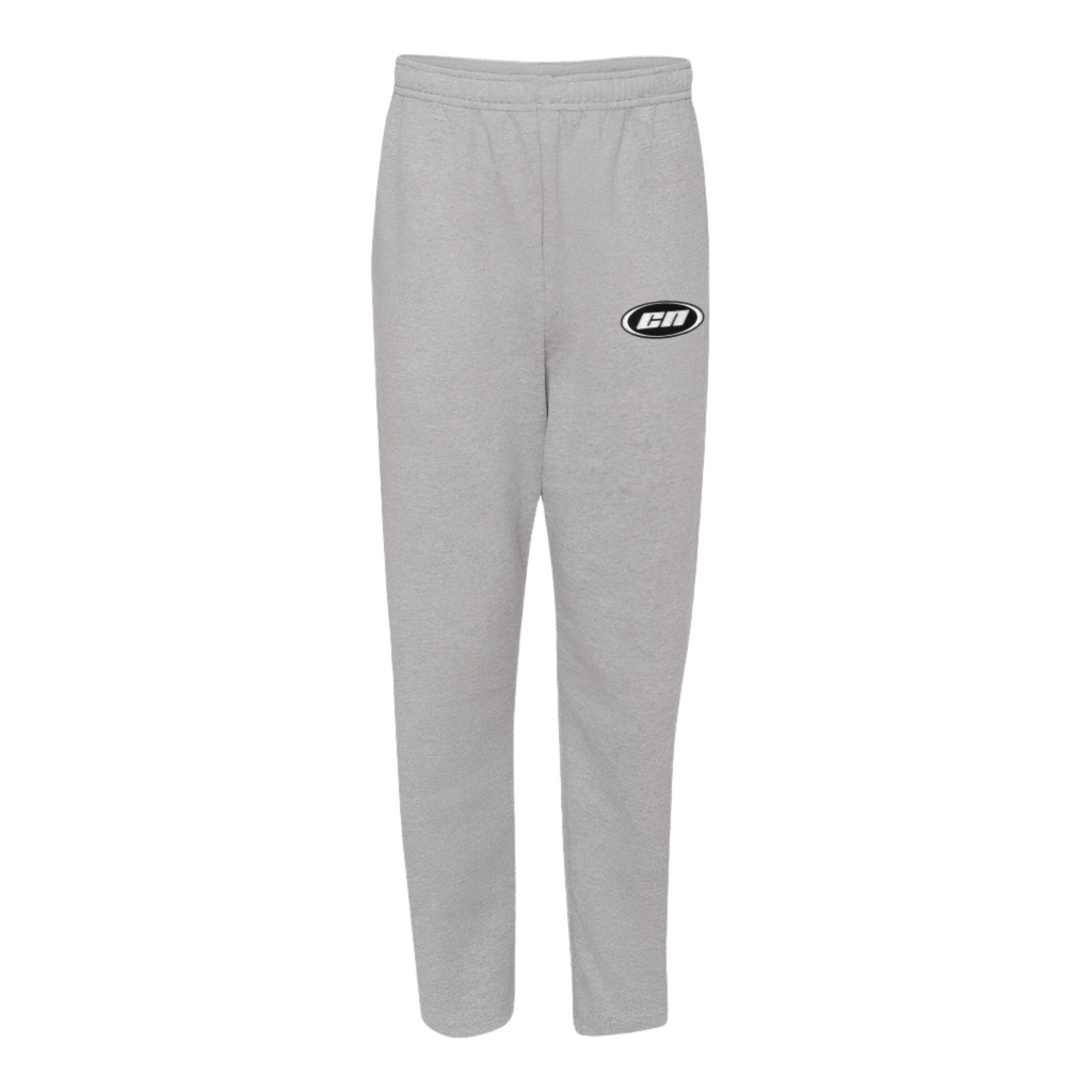 Marl grey wide leg fleece sweatpants with embroidered logo, featuring elastic waist and side pockets for a relaxed fit.