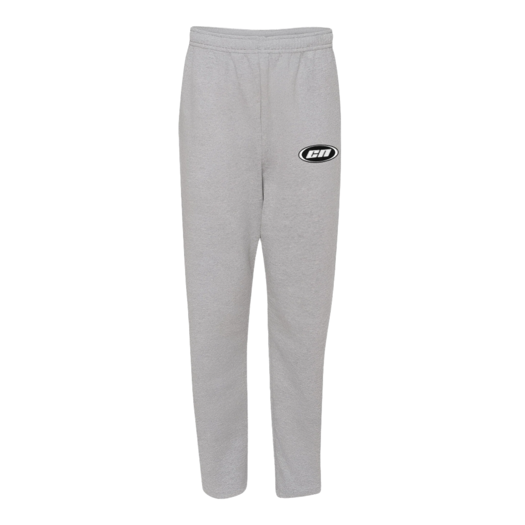 Marl grey wide leg fleece sweatpants with embroidered logo, featuring elastic waist and side pockets for a relaxed fit.