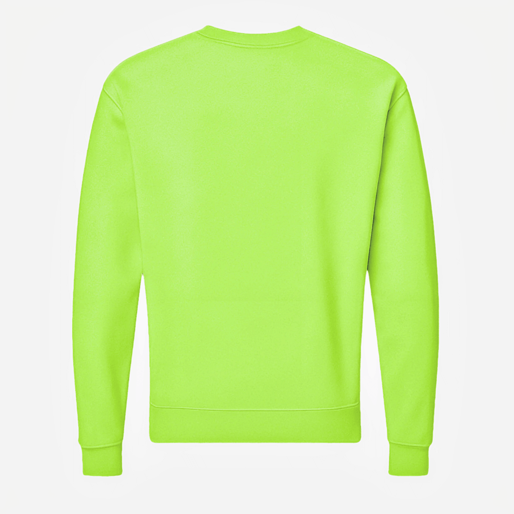 Back view of a lightweight fleece crewneck sweater in neon green, featuring a sleek design and cuffed sleeves.