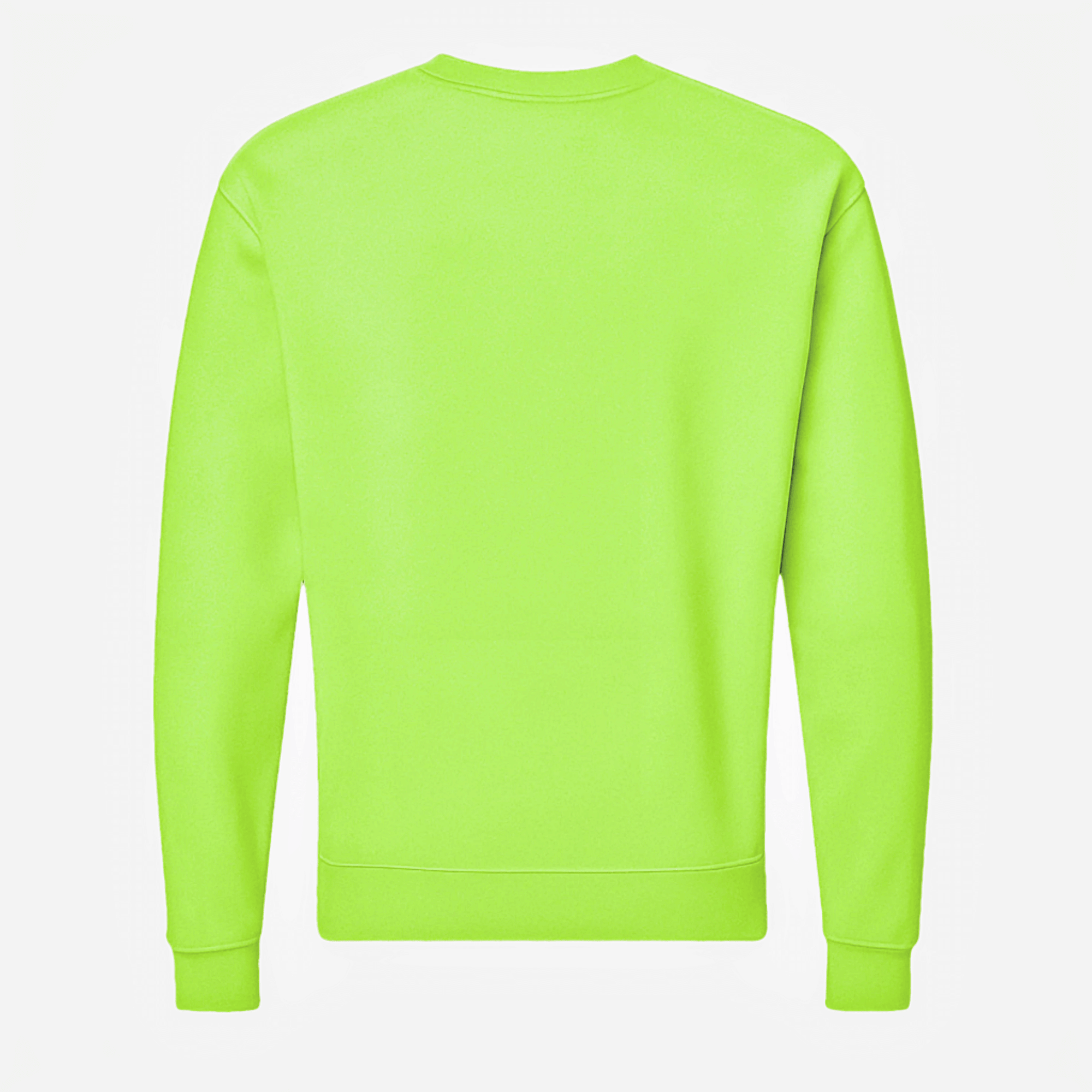 Back view of a lightweight fleece crewneck sweater in neon green, featuring a sleek design and cuffed sleeves.